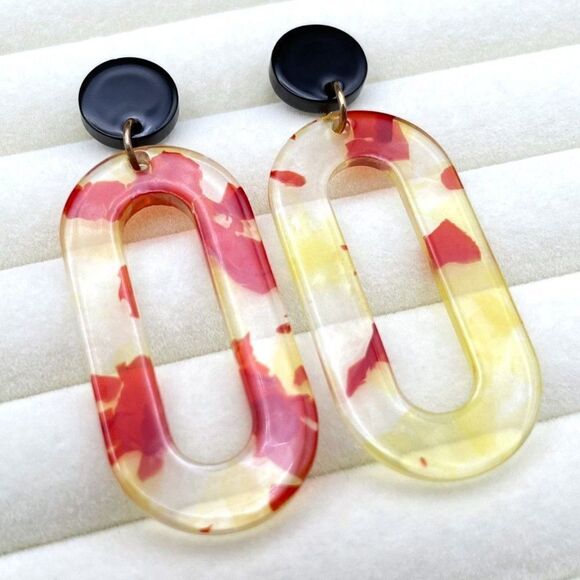 Black with Red and Yellow Marble Swirl Acrylic Open Oval Hoop Post Back Earrings - Picture 6 of 9